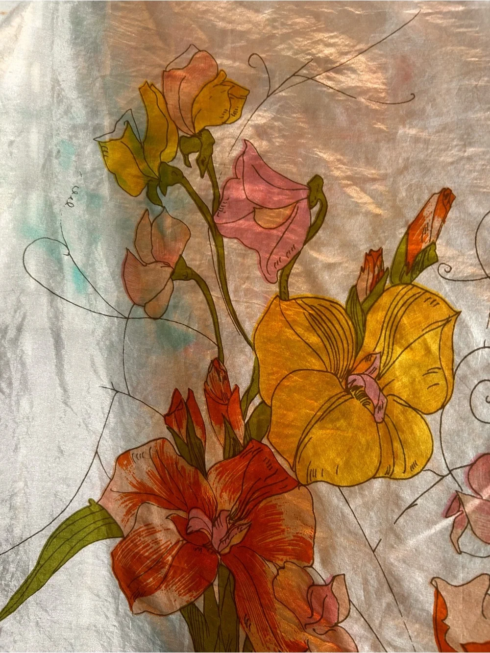 Vintage Silk Feel Scarf Watercolor Floral Botanical Rolled Edge Cottagecore 29”